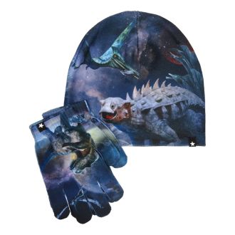 Molo Kaya set of beanie and gloves, dino planet